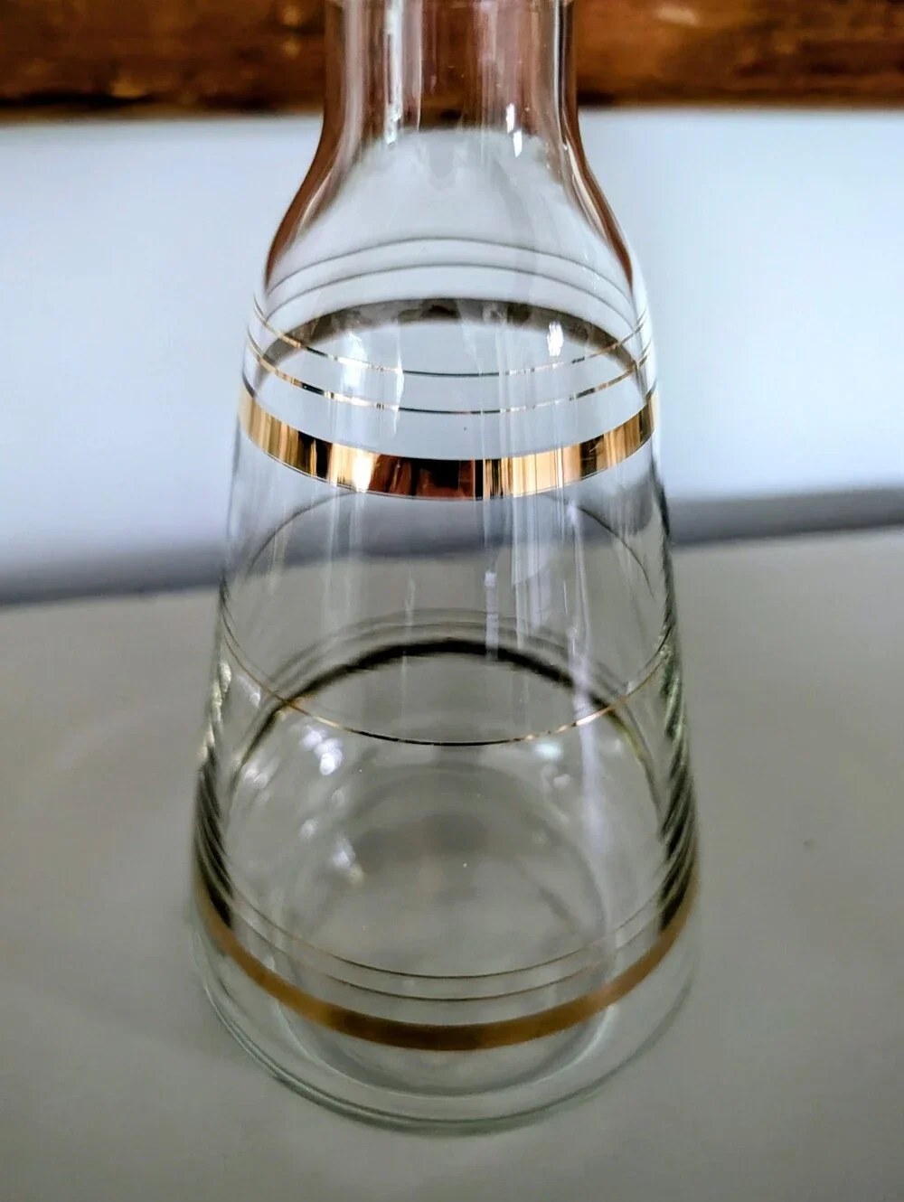 Vintage MCM Handblown Glass Decanter With Gilt Gold Rings Container With Stopper